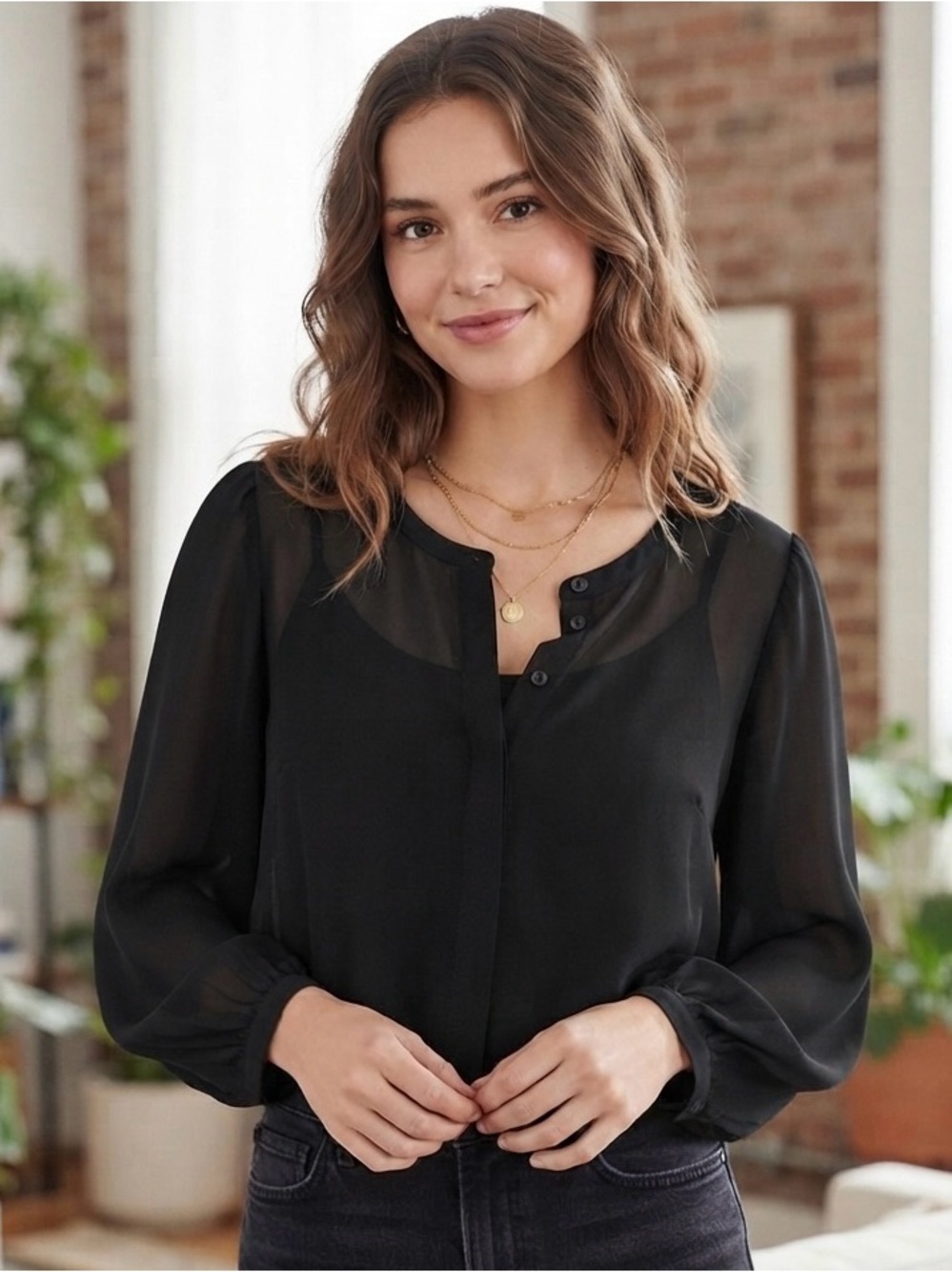 LOFT Black Button-Accent Round-Neck Blouse